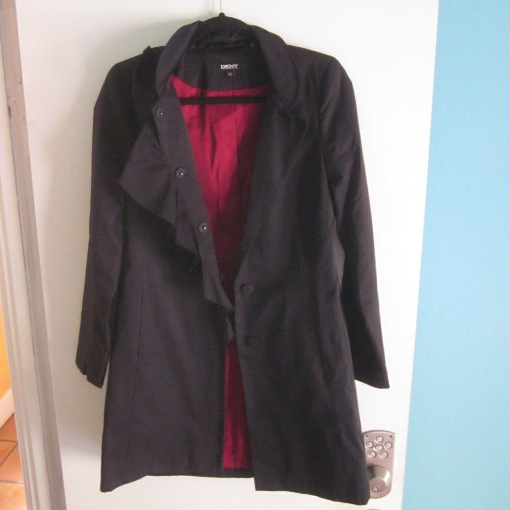 Donna Karan DKNY Womans Size XS Snap Front Long Black Lined Trench Coat